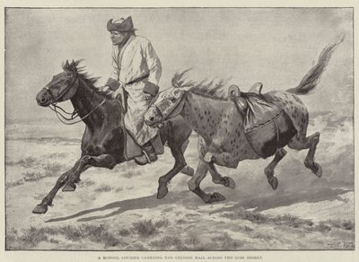 Un mensajero mongol llevando el correo chino a través del desierto de Gobi de Richard Caton Woodville junior